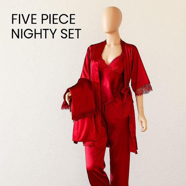 Luxe Satin 5-Piece Pajama Set – Silky, Gift-Ready
