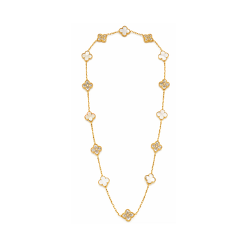 Van Cleef & Arpels Jewelry | White Mother of Pearl Diamond Clover Necklace Bracelet Set